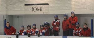 Calgary U14AA Crossfire players and coaches watch the intense game of theirs against Airdrie U16A at Murray Copot arena in Calgary on Sunday, Feb. 1, 2015. (Photo by Elizabeth Merritt/SAIT Polytechnic)